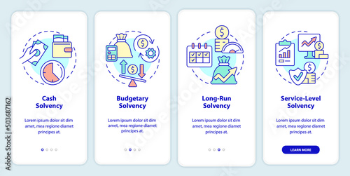 Budget balance onboarding mobile app screen. Expenditures and income walkthrough 4 steps graphic instructions pages with linear concepts. UI, UX, GUI template. Myriad Pro-Bold, Regular fonts used