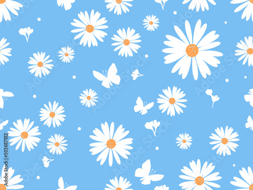 Seamless pattern with daisy flower and butterflies on blue background vector.