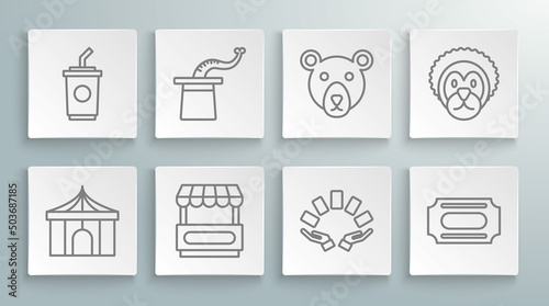 Set line Circus tent, Magician hat, Fast street food cart, Hand holding playing cards, ticket, Bear head, Wild lion and Paper glass with water icon. Vector