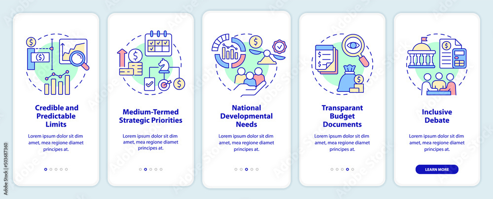 Principles of budget planning onboarding mobile app screen. Walkthrough 5 steps graphic instructions pages with linear concepts. UI, UX, GUI template. Myriad Pro-Bold, Regular fonts used