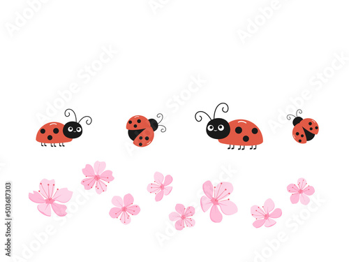 Set of cherry blossom Sakura flower and ladybug cartoons isolated on white background vector illustration.