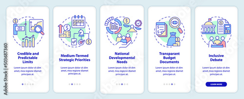Principles of budget planning onboarding mobile app screen. Walkthrough 5 steps graphic instructions pages with linear concepts. UI, UX, GUI template. Myriad Pro-Bold, Regular fonts used