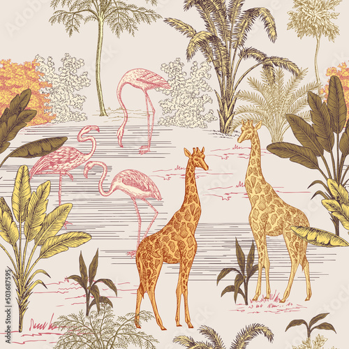 Safari ink drawn palm trees, giraffe animal, pink flamingo summer floral seamless pattern.African wallpaper.
