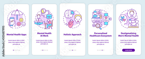 Mental health improving trends onboarding mobile app screen. Therapy walkthrough 5 steps graphic instructions pages with linear concepts. UI, UX, GUI template. Myriad Pro-Bold, Regular fonts used
