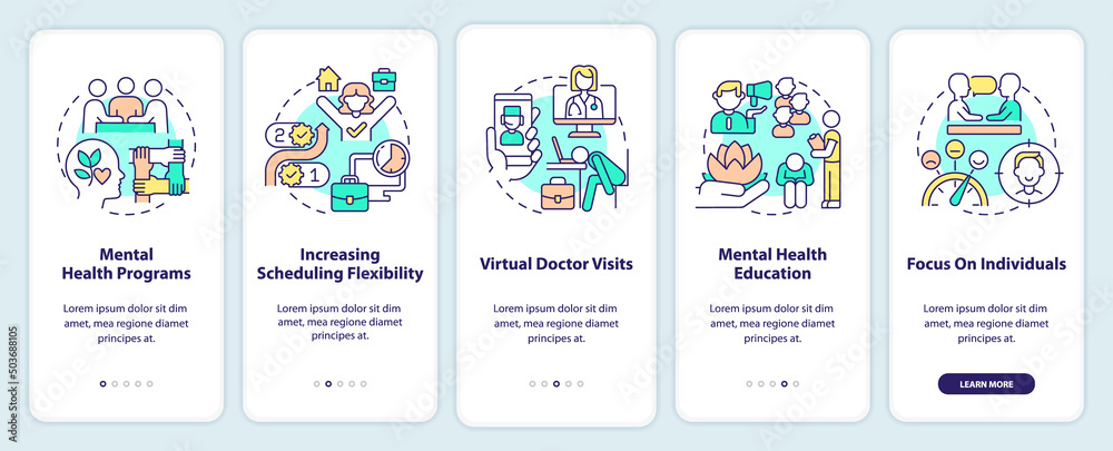 Mental health trends at work onboarding mobile app screen. Psychology walkthrough 5 steps graphic instructions pages with linear concepts. UI, UX, GUI template. Myriad Pro-Bold, Regular fonts used