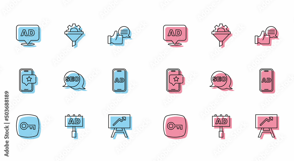 Set line Key, Advertising, Board with graph chart, SEO optimization, Mobile review rating and Sales funnel gear icon. Vector Set line Key, Advertising, Board with graph chart, SEO optimization, Mobile review rating and Sales funnel gear icon. Vector