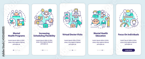 Mental health trends at work onboarding mobile app screen. Psychology walkthrough 5 steps graphic instructions pages with linear concepts. UI, UX, GUI template. Myriad Pro-Bold, Regular fonts used
