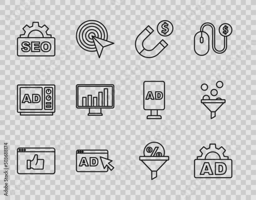 Set line Customer product rating, Advertising, Magnet with money, SEO optimization, Monitor graph chart, Lead management and icon. Vector