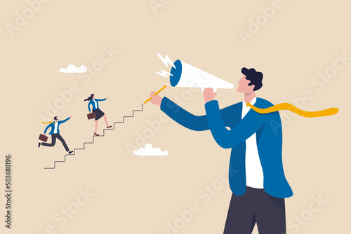 Business coaching or mentor to improve employee skills, performance and leadership, motivate people, advice or guidance for success concept, employees walk up stair created by coaching businessman.