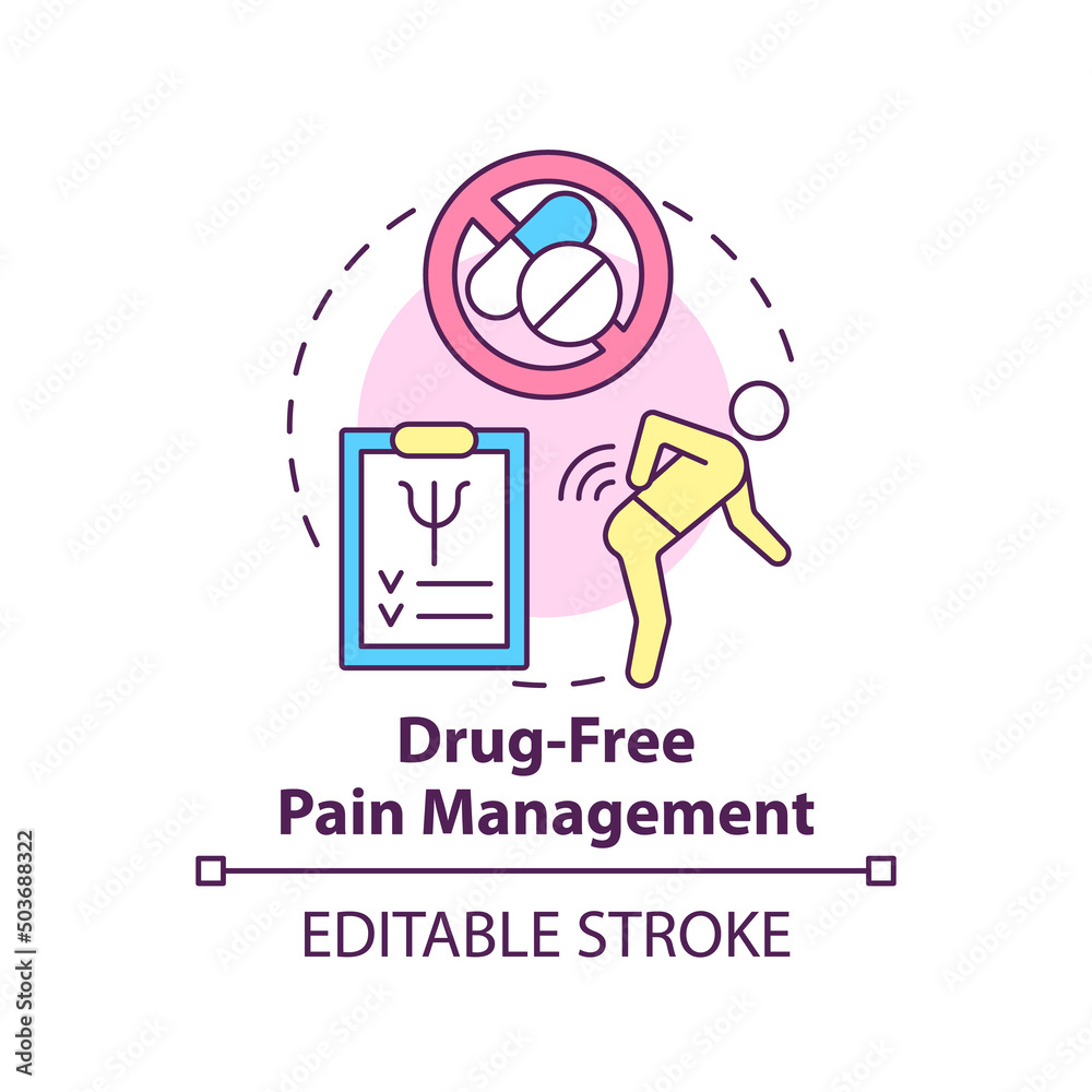 Obraz premium Drug free pain management concept icon. Non pharmacological methods. Psychology trend abstract idea thin line illustration. Isolated outline drawing. Editable stroke. Arial, Myriad Pro-Bold fonts used