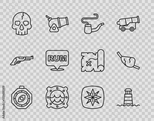 Set line Compass, Lighthouse, Smoking pipe, Ship porthole with seascape, Skull, Alcohol drink Rum, Wind rose and Pirate eye patch icon. Vector