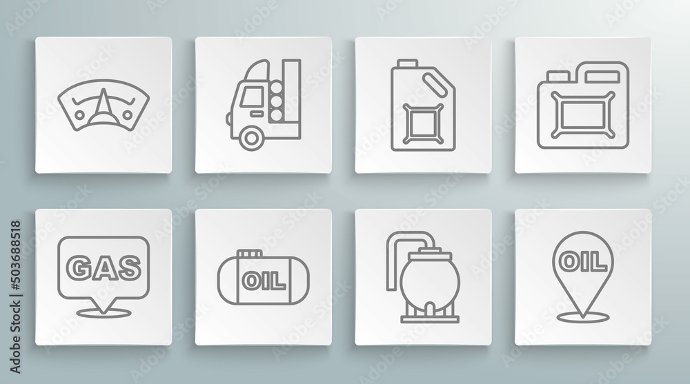 Set line Location and gas station, Gas tank for vehicle, Oil storage, Refill petrol fuel location, Canister motor oil, and Motor gauge icon. Vector Set line Location and gas station, Gas tank for vehicle, Oil storage, Refill petrol fuel location, Canister motor oil, and Motor gauge icon. Vector