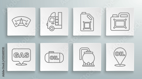 Set line Location and gas station, Gas tank for vehicle, Oil storage, Refill petrol fuel location, Canister motor oil, and Motor gauge icon. Vector