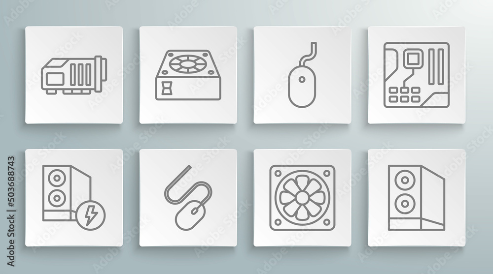 Set line Case of computer, Computer cooler, mouse, Motherboard digital chip and Video graphic card icon. Vector Set line Case of computer, Computer cooler, mouse, Motherboard digital chip and Video graphic card icon. Vector