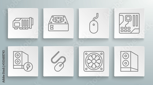 Set line Case of computer, Computer cooler, mouse, Motherboard digital chip and Video graphic card icon. Vector