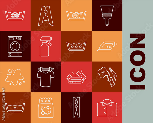 Set line T-shirt, Electric iron, Temperature wash, Water spray bottle, Washer, and icon. Vector