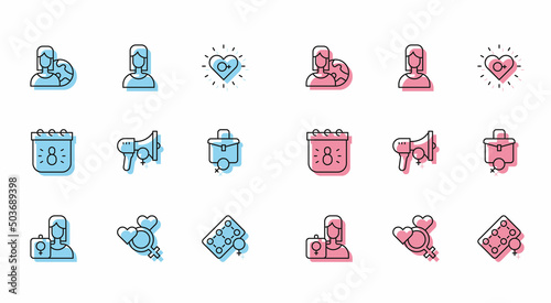 Set line Feminist activist, Female gender, Women from different countries, Packaging of birth control pills, Work for female, Calendar with 8 March and icon. Vector