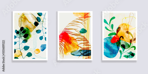 Trendy set of minimalist tropical leaves and abstract forms. Minimal botanical wall art. Mid century modern graphic. Plant art design for social media, blog post, print, cover, wallpaper. Vector