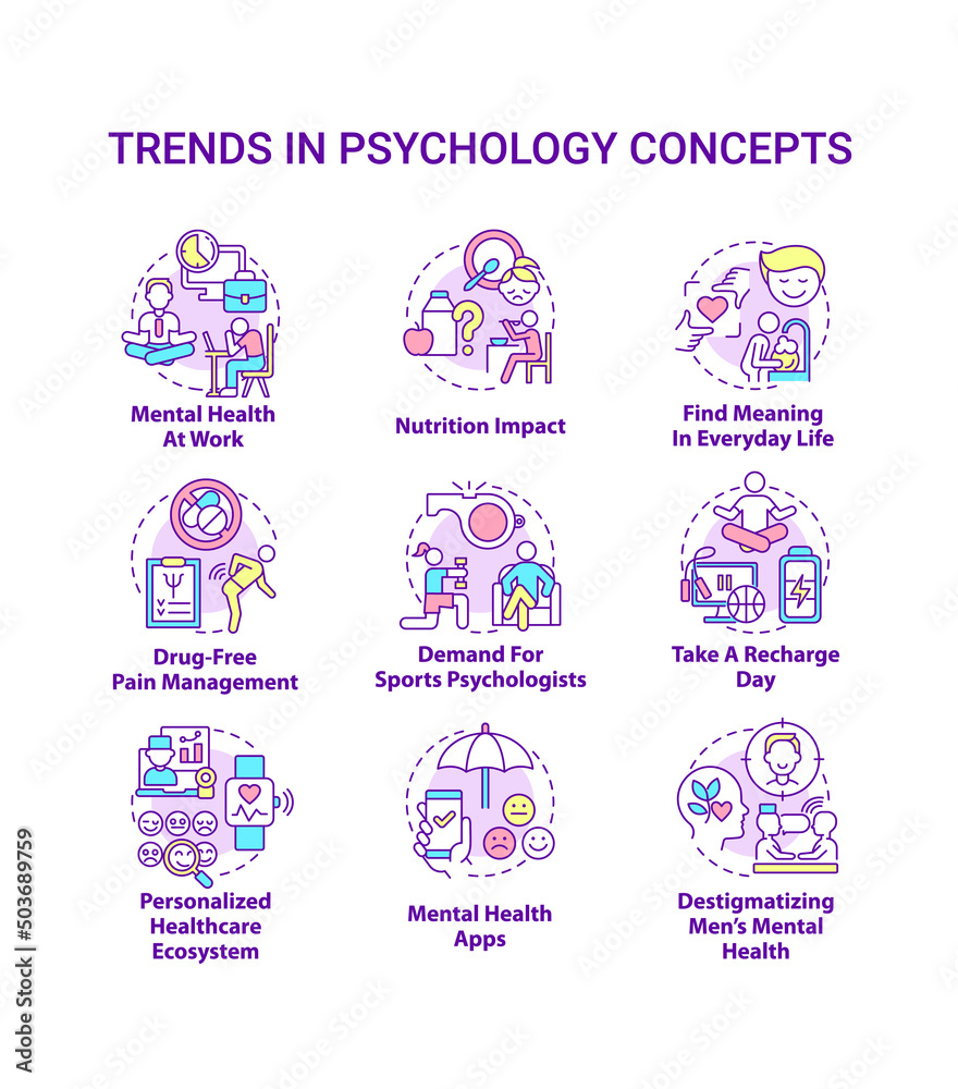 Trends in psychology concept icons set. Innovations in mental health improving idea thin line color illustrations. Isolated symbols. Editable stroke. Roboto-Medium, Myriad Pro-Bold fonts used Trends in psychology concept icons set. Innovations in mental health improving idea thin line color illustrations. Isolated symbols. Editable stroke. Roboto-Medium, Myriad Pro-Bold fonts used