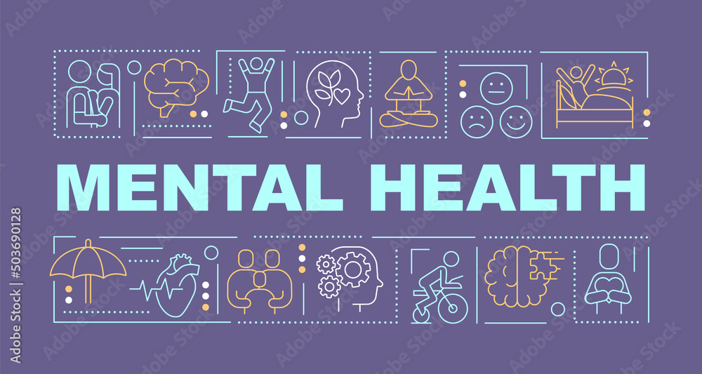 Mental health word concepts dark purple banner. Psychologist help. Infographics with icons on color background. Isolated typography. Vector illustration with text. Arial-Black font used