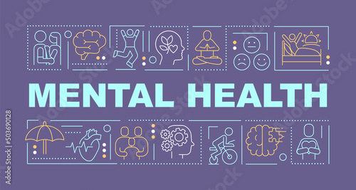 Mental health word concepts dark purple banner. Psychologist help. Infographics with icons on color background. Isolated typography. Vector illustration with text. Arial-Black font used