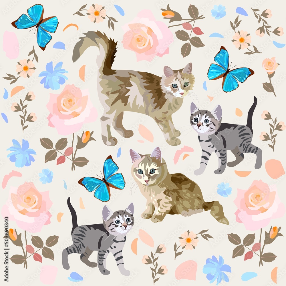 Seamless romantic print with kittens, big blue butterflies, flowers, buds and petals isolated on white background. Natural pattern for fabric, wallpaper with symbols of the Chinese New Year, 2023.