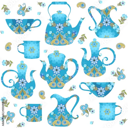Blue richly decorated teapots, gravy boats, cups, mugs, as well as paisley and flowers on a white background form a beautiful seamless vector ornament.