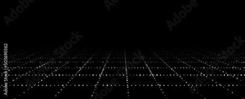 Wireframe landscape. Vector perspective grid. Digital space. Green mesh on a black background.