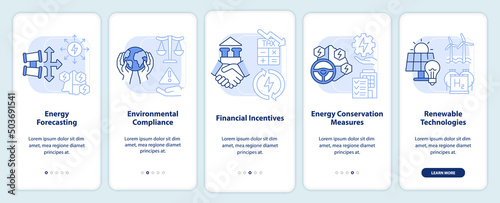 Efficient energy planning blue light onboarding mobile app screen. Walkthrough 5 steps graphic instructions pages with linear concepts. UI, UX, GUI template. Myriad Pro-Bold, Regular fonts used