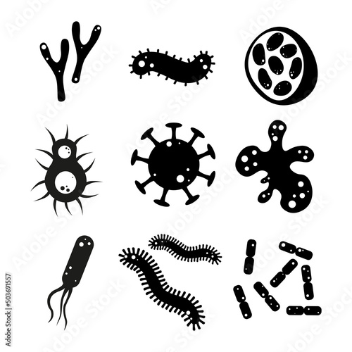 Set of microbes from different form and types on white background. Vector illustration of icons bacteria, germs and viruses in cartoon style.