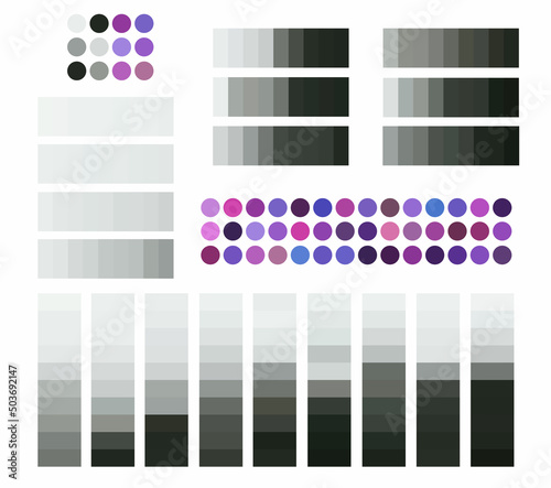 Grey swatches color palettes with emphasis on purple, lilac and blue bright spot design vector collection. Manufacturing, packaging, business, fabrics idea design art. Interior colors ideas.