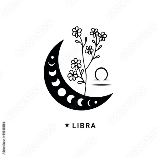 Libra zodiac sign with wildflower and moon phases