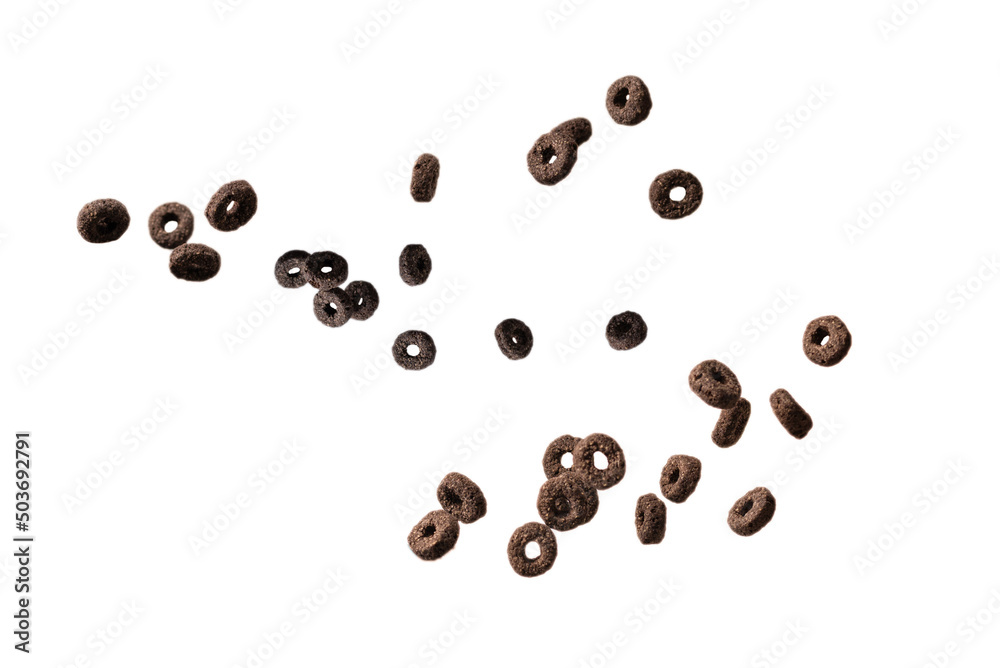 Chocolate rings cereal spill out into a bowl. Breakfast. Chocolate rings cereal spill out into a bowl. Breakfast.