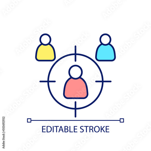 Target audience RGB color icon. Marketing aim. Community and society. Crowd and group of people. Isolated vector illustration. Simple filled line drawing. Editable stroke. Arial font used