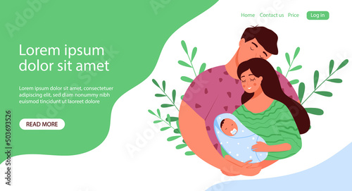 A family with a newborn baby in a diaper with a pacifier. Vector banner