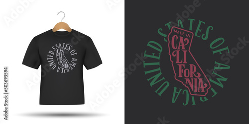 California state t-shirt typography design. USA american state hand drawn lettering. Made in California slogan, phrase, quote. Vector illustration.