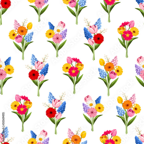 Seamless pattern with colorful spring flowers bouquets on a white background. Vector illustration © naddya