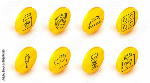 Set line Pet first aid kit, Dog medicine bottle and pills, Pets vial medical, food bowl, Animal health insurance and Bag of for pet icon. Vector