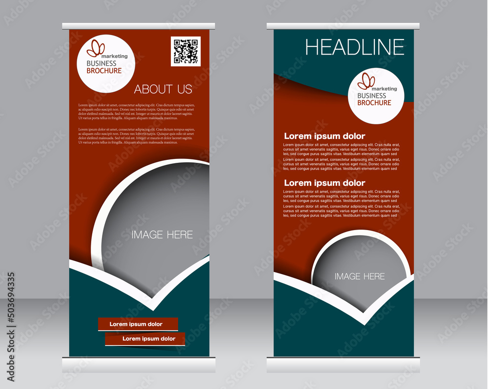 Roll up banner stand template. Abstract background for design,  business, education, advertisement.  Green and red color. Vector  illustration.