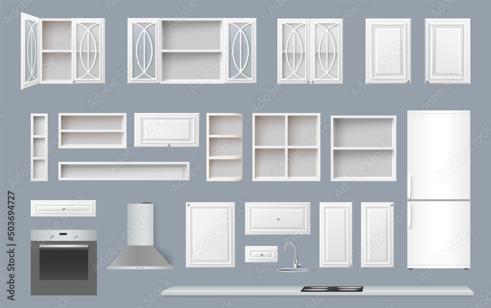 Kitchen constructor realistic vector 3d mockup set Kitchen constructor realistic vector 3d mockup set