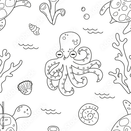 Hand drawn seamless pattern of sea world, octopus, shell, water turtle. Doodle sketch style. Marine life element drawn by hand. Vector illustration for wrapping, wallpaper, simple kids print