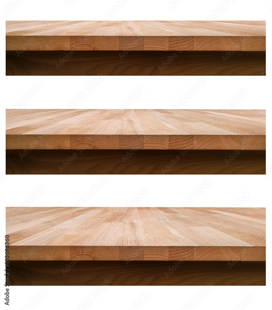 A collection of wood table top product displayes at various angles isolated against a white background.