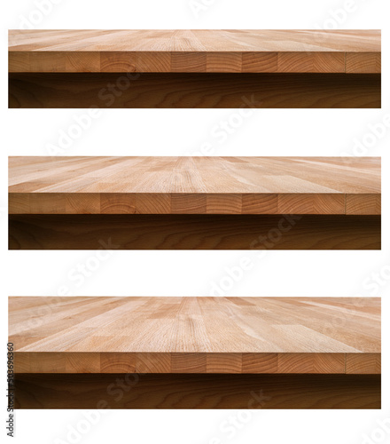 Obraz na płótnie A collection of wood table top product displayes at various angles isolated against a white background. w salonie