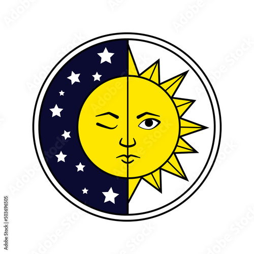Half sun and moon with face icon on white background. Day and night. Vector illustration. 
