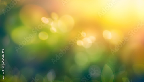 Fotografie, Tablou A summer sunset, sunrise background with lush green foliage and orange glow sky with blurred spring bokeh highlights