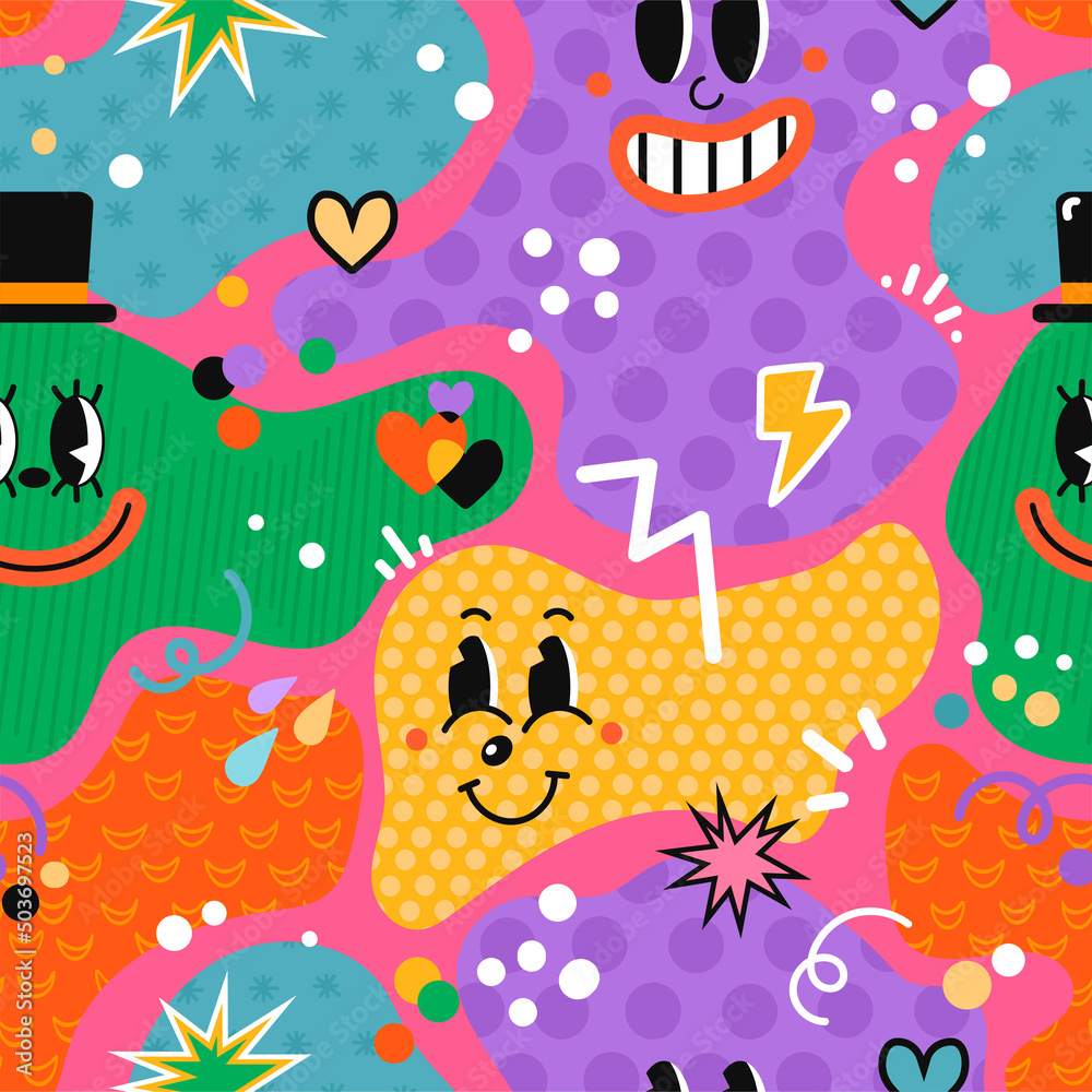 Vector colorful seamless pattern with hand drawn abstract comic funny cute characters in psychodelic cartoon style. Use it for wallpaper, textile print, pattern fills, surface textures, wrapping paper