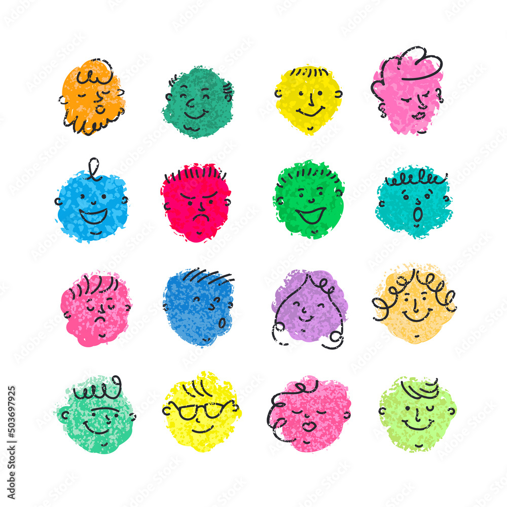 Vector colorful set with crayon illustrations of different comic faces ...