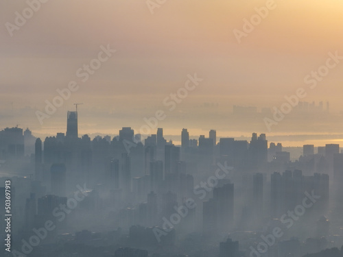 City sunrise and dawn skyline scenery of Wuhan, Hubei, China