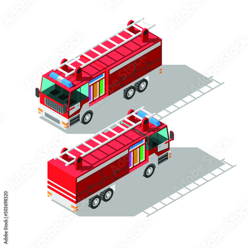 Set Isometric 3D Transport Car Fire Engine Vehicle Element Vector Design Style