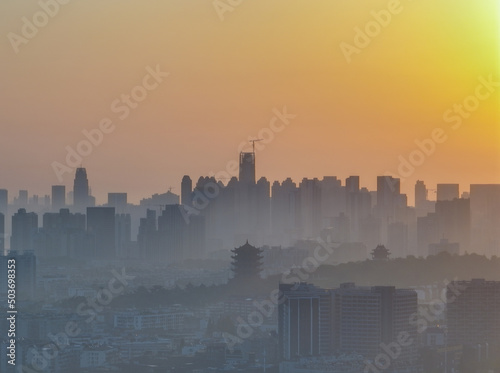 City sunrise and dawn skyline scenery of Wuhan, Hubei, China